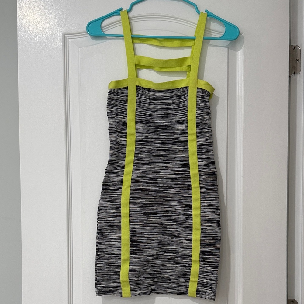 bebe Gray Space-Dye Mini Dress with Neon Yellow Trim